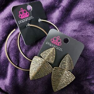 Lot Of 2 Brass PAPARAZZI Earrings-Primal Factors and Large Hoop Post Earrings
